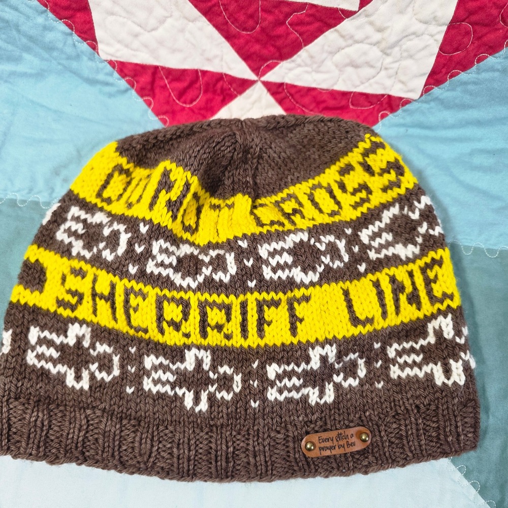 Handmade Brown Yellow Sheriff Line Do Not Cross Knit Beanie Every Stitch by Bev‎